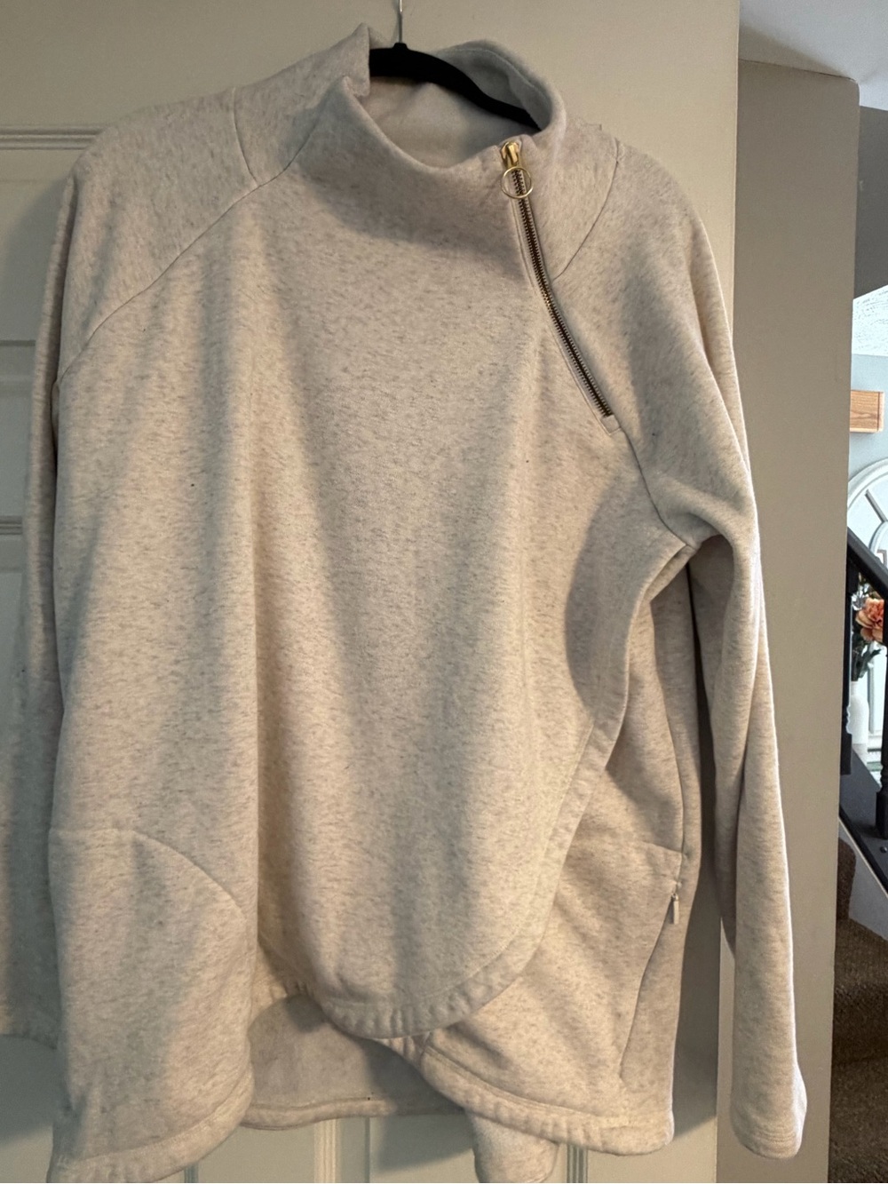 Athleta Light Heather Gray Zip-Shoulder Turtleneck Sweater